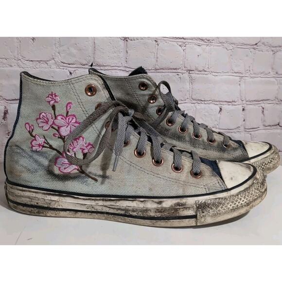 Size 9 - Converse Chuck High Top Denim Cherry Blossom Goth Zombie Custom Shoe - Picture 2 of 15